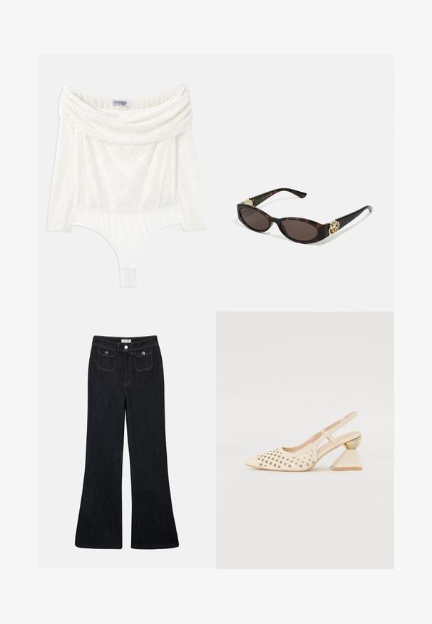 White lace bodysuit with an off-shoulder neckline, three-quarter sleeves, and a smooth bottom panel. Features intricate floral patterns.; Hofmann Copenhagen EXCLUSIVE GENEVIVE - Top - off white; Flared dark denim jeans with a high waist, two front pockets, and orange stitching. The material appears sturdy and smooth.; Beige slingback shoe with perforated upper, pointed toe, and a contrasting triangular heel featuring a gold accent. Smooth texture overall.; Tortoiseshell sunglasses with elongated oval lenses, brown tint, gold logo accents on temples, and sleek black arms.; White floral handbag with a gathered fabric surface, gold-tone chain strap, and metal clasp. Features textured petals for added detail.
