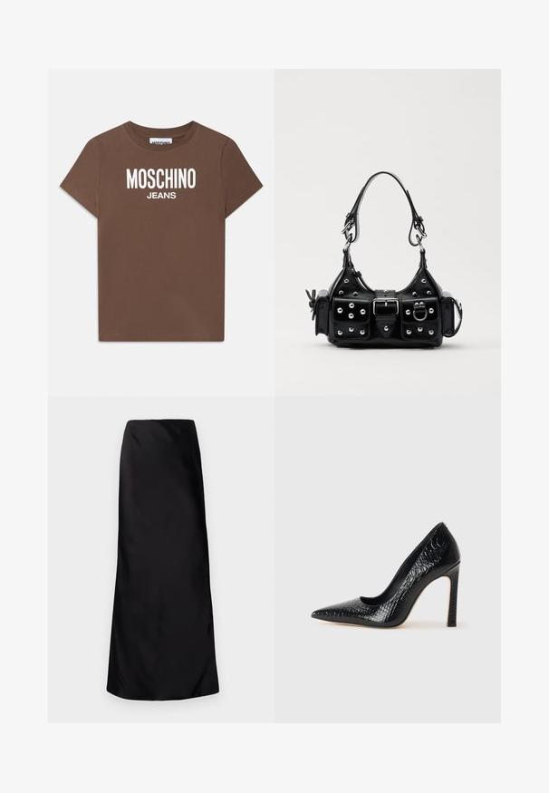 Rudas medvilninis marškinėliai su trumpomis rankovėmis. Priekyje yra baltas „MOSCHINO JEANS“ logotipas. Klasikinis apvalios iškirpės dizainas.; Norma Kamali BIAS OBIE SKIRT - Maksi sijonas - black; Juoda smailiakulnė aukšto kulno bateliai su krokodilo odos tekstūra, pasižymintys elegantišku dizainu, aukštu stiletu kulnu ir lygia juoda vidine dalimi.; Juodas odinis rankinukas su kreiviu dizainu, su sidabro spalvos knopkėmis, užsegimu ir dviem šoninėmis kišenėmis. Reguliuojama dirželis nešimui.