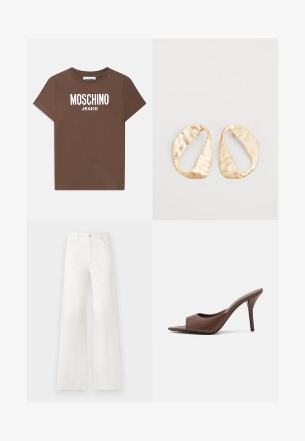 Camiseta de algodón marrón con mangas cortas. Presenta un logo en blanco de "MOSCHINO JEANS" impreso en la parte frontal. Diseño clásico de cuello redondo.; Jeans blancos de tiro alto y pierna ancha, confeccionados en denim. Cuentan con un cierre de botón, dos bolsillos frontales y costuras con detalles en las costuras laterales.; Mules de tacón alto destalonados de cuero marrón con un diseño elegante, que cuentan con una amplia banda frontal y un tacón de aguja esbelto.; Un par de pendientes de metal dorado en forma de óvalo irregular con una superficie texturizada y ligeramente martillada sobre un fondo blanco.