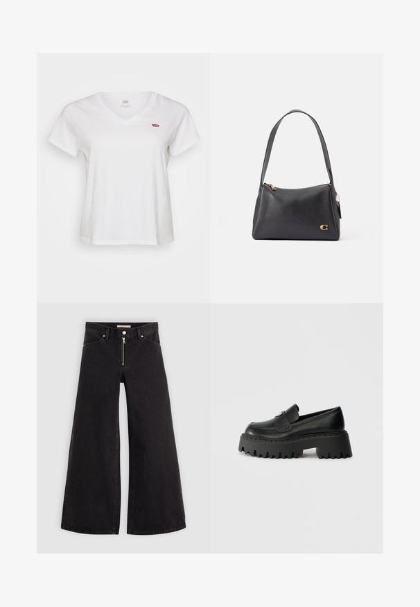 White cotton T-shirt with a V-neck, short sleeves, and small red Levi's logo on the left chest. Soft texture, relaxed fit.; Wide-leg jeans in black denim with a zippered front, five-pocket design, and subtle stitching details. Smooth texture and casual style.; Black leather loafer with a thick, chunky rubber sole featuring a serrated edge and a single decorative hardware accent on the upper.; Black leather handbag with a smooth texture, featuring a single shoulder strap, gold accents, and a zippered closure. Logo displayed on front.