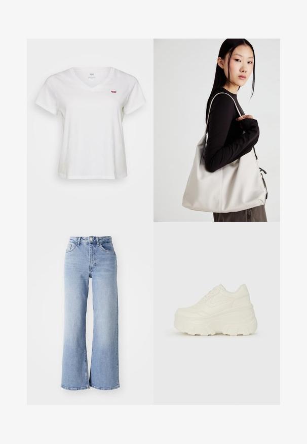 Hvit bomull T-skjorte med V-hals, korte ermer og liten rød Levi's-logo på venstre bryst. Myk tekstur, avslappet passform.; Lyseblå høyt liv vide jeans med front- og baklommer, knappelukking og subtile falminger på lårene og kanten.; Hvite plattformsnickers med en glatt læraktig overdel, avrundet form, polstret krage og teksturert gummisåle med tydelige dekk.; Beige håndveske laget av mykt materiale, med en slapp design, sydd detaljer og to skulderstropper. Passer for daglig bruk.
