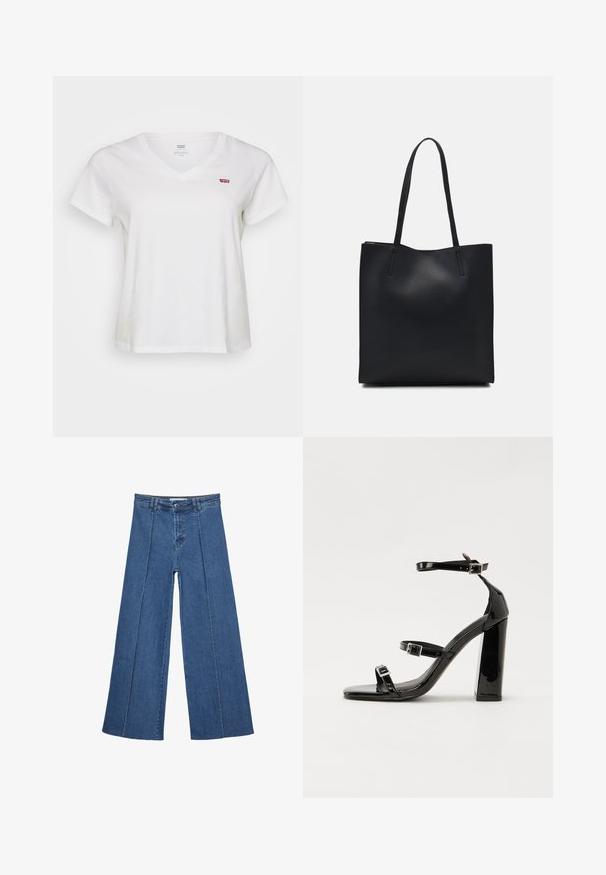 Vit bomull T-shirt med V-ringning, korta ärmar och liten röd Levi's-logga på vänster bröst. Mjuk textur, avslappnad passform.; Vidbenade denimjeans i medelblått, med hög midja, knäppning och kontrasterande vertikala sömdetaljer längst fram.; Svarta lackerade klacksandaler med fyrkantig tå, ankelremmar och silverfärgade spännen. Har en kraftig blockklack för stabilitet.; Svart lädertoffelväska med slät textur, rektangulär form och två långa handtag. Ingen synlig hårdvara eller dekorationer.