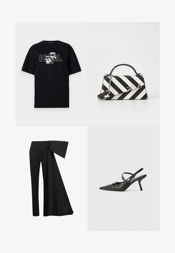 Černé bavlněné tričko s grafickým potiskem dvou karikatur s brýlemi, doplněné textem "KARL" tučnými písmeny.; Černé kalhoty s širokým, splývavým páskem v oblasti pasu. Hladká látka, rovný střih nohavic a plisovaný pas.; Černé kožené lodičky na boku s špičatou špičkou, štíhlým podpatkem a dekorativní přezkou na nártu. Hladká textura a elegantní design.; Černo-bílá pruhovaná kabelka se strukturovaným tvarem, vybavená horní rukojetí, odnímatelným řetízkem a kovovým logem.