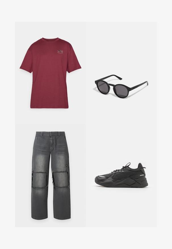 T-shirt bordeaux, maniche corte, scollatura rotonda, con una piccola grafica sul lato sinistro del petto in colori contrastanti. Tessuto morbido e liscio.; Pantaloni in denim grigio con vestibilità rilassata, caratterizzati da toppe strappate alle ginocchia, cuciture a contrasto e un piccolo logo sul lato.; Sneaker nera con tomaia testurizzata, realizzata in materiali mesh e sintetici, suola spessa e dettagli riflettenti per la visibilità.; Occhiali da sole neri con una montatura rotonda e leggermente ondulata, lenti scure e aste nere diritte. Finitura liscia e lucida senza motivi visibili.