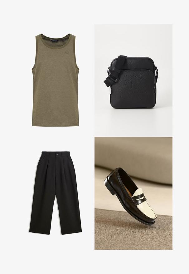 Olive green tank top in a soft, breathable fabric. Features a round neckline and subtle logo embroidery on the chest.; Black trousers with a relaxed fit, featuring pleats at the front, side pockets, and a button closure. Made from textured fabric.; Black leather loafer with a cream-colored vamp and black accent stripes, featuring a low heel and detailed stitching along the edges.; Black leather crossbody bag with a textured surface, featuring a front zip pocket, adjustable strap, and metallic hardware accents.
