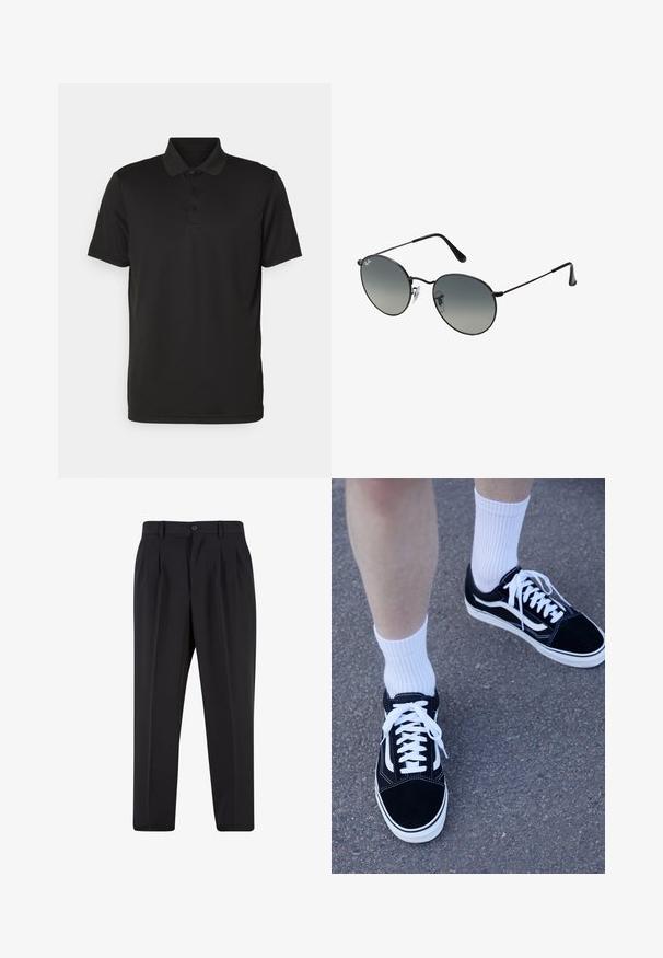 Črna polo majica iz gladkega blaga. Ima klasičen ovratnik, tri gumbe na zapenjanju in kratke rokave s ravnim robom.; Črne hlače z nabranim sprednjim delom, narejene iz gladkega materiala. Imajo gumbasto zapiranje in zanke za pas; ravne hlačnice.; Črne semiš superge z belimi detajli in vezalkami, v paru z belimi rebrastimi nogavicami do gležnjev, postavljene na teksturirano sivo površino.; Črne metalne sončna očala z okroglimi gradientnimi lečami, z tankimi ponjavami in prozornimi nosniki za udobno nošenje.