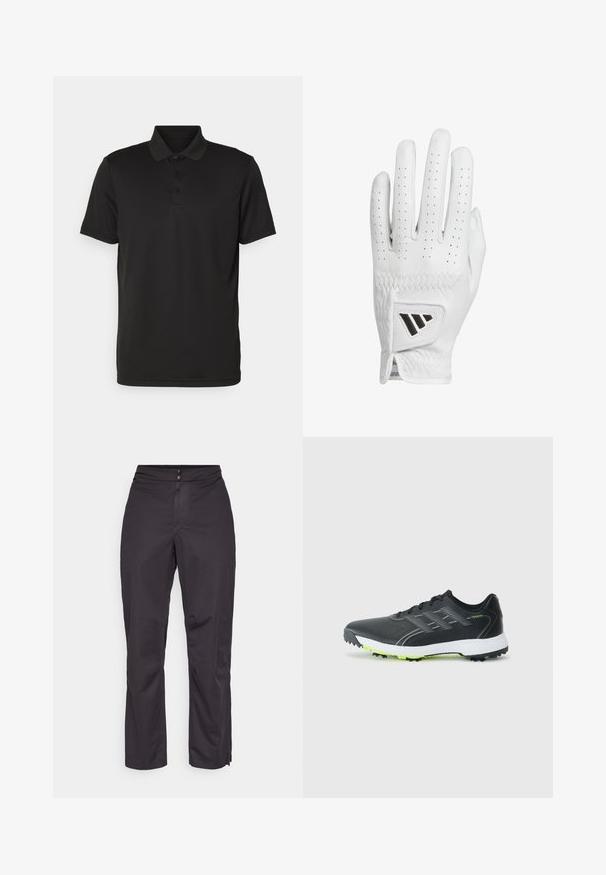 Juodas polo marškinėlis, pagamintas iš lygaus audinio. Su klasikine apykakle, trijų mygtukų užsegimu ir trumpomis rankovėmis su tiesia apdaila.; Juodos vandeniui atsparios kelnės su tiesiu siluetu, pasižyminčios lygiu paviršiumi, elastingu juosmeniu ir šoninėmis užtrauktukais apačioje, kad būtų galima reguliuoti.; Juodas sportinis batas su tekstūruota viršutine dalimi, atspindinčiais akcentais ir baltu viduriu. Turi žalią guminę pado dalį su sukibimo spygliais.; Balta odinė golfo pirštinė su perforuotais pirštais, tekstūruota siūlė ir juodu akcentu logotipu ant riešo. Laimingo dizaino slim fit, skirtas geresniam sukibimui.