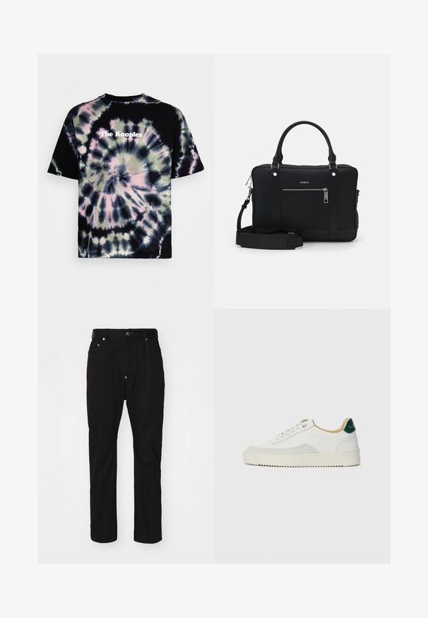 Crno t-majica s tie-dye vzorcem, ki prikazuje vrtinčne vzorce v vijolčni, zeleni in beli barvi. Logotip "The Kooples" natisnjen v beli barvi na sprednji sredini.; Črne bombažne hlače s ravnim krojem, z všitimi gumbi, zasnovo s petimi žepi in subtilno teksturo. Brez vidnih okraskov ali vzorcev.; Bela trenerka z zaključki iz semiša, okroglo konico, ravne vezalke in kremna gumijasta podplata. Ima zeleno blagovno znamko na peti.; Črna sintetična torba s two ročaji, odlepljivim naramnim trakom, sprednjim žepranim žepom in srebrnimi kovinskimi dodatki.