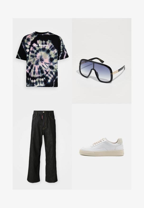 Must värviline t-särk, millel on musta sidumise mustrid, kus on keerlevad mustrid lillakas-rohelises ja valges. "The Kooples" logo on trükitud valgena keskel ees.; Mustad sirgedega teksased, kollase õmblusega, viie taskuga, nööpidega kinnitatavad ja väikese punase sildiga ees paremas taskus.; Valged tennisajalatsid, millel on sile naha pealis, beežid paelad ja tekstureeritud beežist seemisnahast kand. Tõstetud tallad lisatud kõrguse saavutamiseks.; Üks suur must päikeseprillid, millel on järkjärguline lilla lääts, läikiv viimistlus ja kuldsed aksessuaarid templis. Ristkülikukujuline raam.