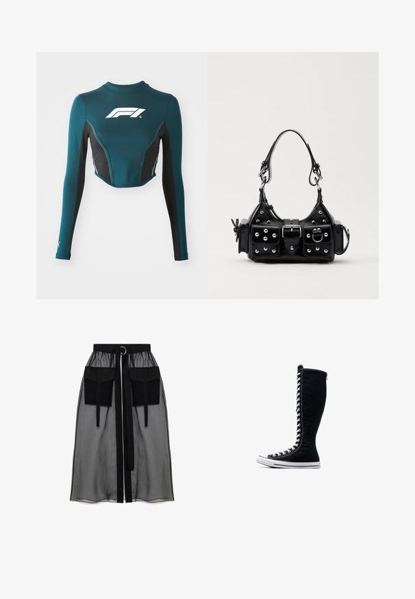 Sinine pikkade varrukatega lühike topp mustade külgpaneelidega. Ees on valge logo ja kontrastne õmblus. Valmistatud venivast materjalist.; Must mustriga seelik, millel on kogutud vöökoht, kaks suurt esitaskut, vöötie ja ringikujuline metallaktsent.; Mustad mustad ketsid, millel on pikk disain, valmistatud kanvasest. Omavad valgeid paelu, õmblusi ja kummist tallat, millel on varbapatja kate.; Must värvi nahast käekott, millel on kaarjas disain, hõbedased nupukesed, kinnitusahe ja kaks külgtaskut. Reguleeritav rihm erinevate kandmisvõimaluste jaoks.