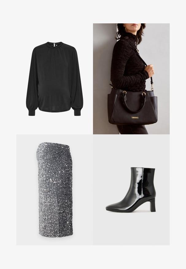 Čierna blúzka s dlhým rukávom a vysokým golierom, s plisovaným predným dielom a elastickými manžetami, obsahuje uzáver v tvare kľúča na zadnej strane. Hladká tkanina.; Strieborné šaty s flitrami a priliehavým strihom, hladkou textúrou a gradientovým vzorom od tmavej po svetlosivú, krátke na leme.; Čierne lakované členkové topánky s špicatou špičkou a stredne vysokým blokovým podpätkom. Hladká textúra a minimalistický dizajn.; Čierna kabelka s textúrovaným povrchom, dvojitými hornými rúčkami a nastaviteľným ramenným popruhom. Obsahuje zlaté kovanie a bočné vrecká.