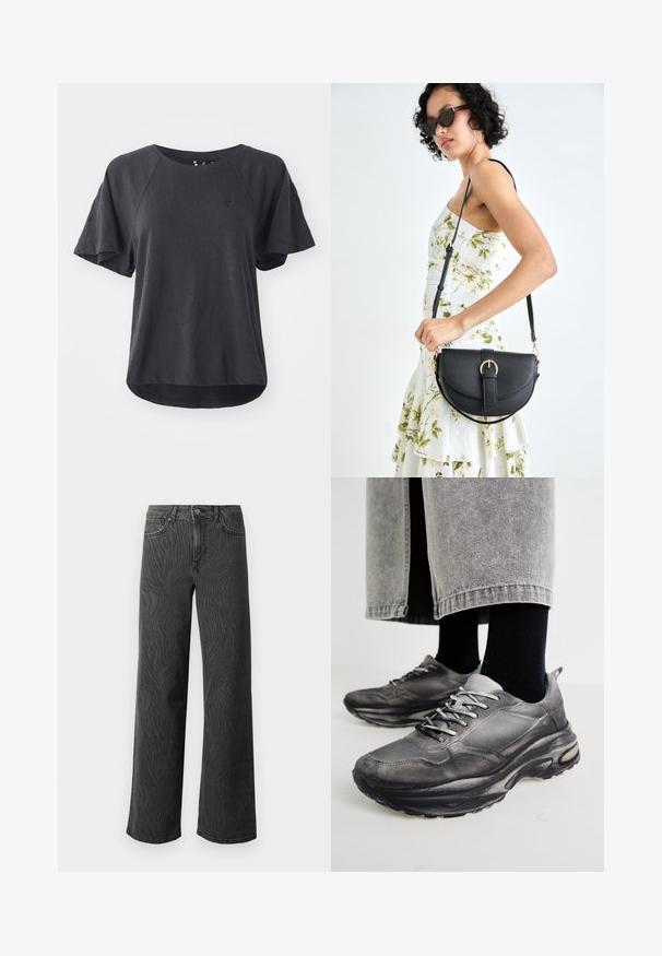 Schwarzes T-Shirt aus weichem Stoff, mit rundem Ausschnitt, kurzen Raglanärmeln und einem abgerundeten Saum. Kleines Logo auf der Brust.; Weite Jeans aus dunkelgrauem Denim, mit einer subtilen Zebra-Muster-Struktur, kontrastierenden Nähten und einem Fünf-Taschen-Design mit einem Knopfverschluss.; Schwarze und graue Sportschuhe verfügen über ein Obermaterial aus Mesh, dicke Sohlen und Schnürsenkel. Sie haben eine abgerundete Zehenpartie und sichtbare Dämpfungsdetails.; Schwarze Lederhandtasche mit geschwungener Form, abnehmbarem Tragegurt und goldenen Beschlägen. Die Tasche verfügt über einen Deckel mit einer Schnallen-Details.