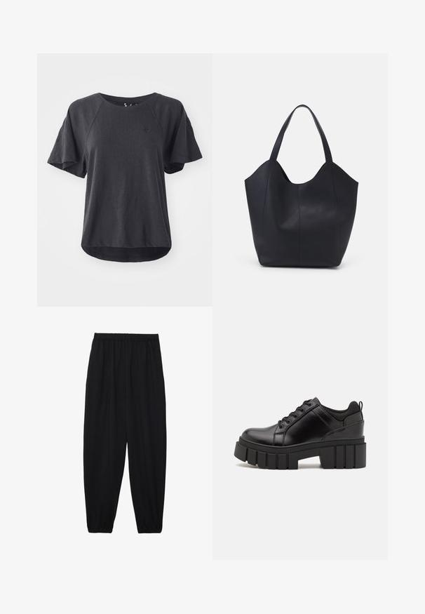 Juodas marškinėlis, pagamintas iš švelnios medžiagos, turintis apvalų kaklą, trumpas raglan tipo rankoves ir lenktą apačią. Mažas logotipas ant krūtinės.; Juodi, lengvi kelnių su elastinga juosmens juosta ir surinktais kulkšniais. Audinys yra lygus ir turi atsipalaidavusį, siaurėjantį dizainą.; Juodi odiniai platformos batai su masyviu blokuota kulniuku, apvalia nosimi ir tradiciniu šnypštimo dizainu. Turintys glotnų paviršių ir minimalų dekoravimą.; Juodas rankinės maišelis, pagamintas iš lygaus odos, su išlenktu atviru viršumi, dviem petinėmis dirželis ir minimalistiniu dizainu.
