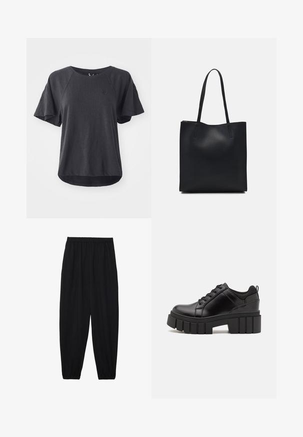 T-shirt noir en tissu doux, avec un col rond, des manches courtes raglan et un ourlet arrondi. Petit logo sur la poitrine.; Pantalons noirs légers avec une taille élastique et des chevilles froncées. Le tissu est lisse et présente un design décontracté et fuselé.; Chaussures à plateforme en cuir noir avec un talon bloc épais, bout rond et un design traditionnel à lacets. Elles présentent une texture lisse et un détail minimal.; Sac fourre-tout en cuir noir avec une texture lisse, de forme rectangulaire et deux longues poignées. Pas de matériel ou d'ornementations visibles.