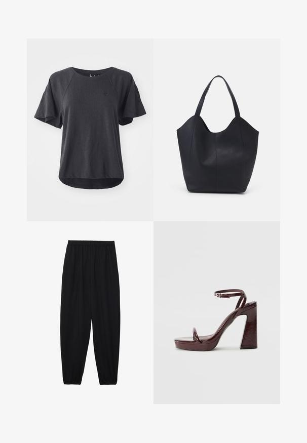 Melnā T-kreklā, kas izgatavots no mīkstas auduma, ir apaļš kakla izgriezums, īsas raglanu piedurknes un noapaļots apakšmalas izgriezums. Uz krūtīm ir neliels logo.; Melnas, vieglas bikses ar elastīgu jostu un savilktiem potītiem. Audums ir gluds un to raksturo brīva, sašaurināta forma.; Burgundijas patenta ādas papēžu kurpes ar biezu kvadrātveida papēdi, plānu potītes siksniņu un minimālistisku pirksta cilpas dizainu. Gluda, spīdīga virsma.; Melnas rokassomas, kas izgatavota no gludas ādas, ar izliekto atvērto augšu, divām plecu jostām un minimālistisku dizainu.