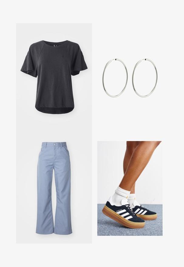 Crna majica od mekog materijala, s okruglim izrezom, kratkim raglan rukavima i zaobljenim rubom. Mali logo na prsima.; Svijetloplave hlače širokog kroja od glatke mješavine pamuka, s prednjim džepovima i zakopčavanjem na dugme u struku.; Crne tenisice od brušene kože s bijelim prugama i detaljima, okruglim vrhom, gumeni potplat boje gume, uparene s bijelim rebrastim čarapama.; Srebrne kružne naušnice s glatkom, poliranom površinom. Kružni oblik, dosljedna širina, dizajnirane za laku kopču. Jednostavne i elegantne.
