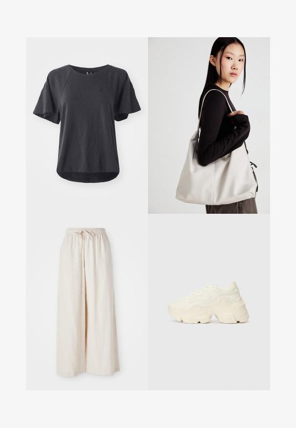 Čierne tričko vyrobené z mäkkej látky, s okrúhlym výstrihom, krátkymi raglánovými rukávmi a zaobleným lemom. Malé logo na hrudi.; Široké krémové nohavice s elastickým pásom a šnúrkou. Hladká, ľahká ľanová tkanina, bez viditeľných vzorov alebo kovových doplnkov.; Masívne biele tenisky vyrobené z texturovanej sieťoviny a syntetických materiálov, s hrubou podošvou a zložitými vzorovými detailmi na bokoch.; Béžová kabelka vyrobená z mäkkého materiálu, s uvoľneným dizajnom, prišitými detailmi a dvoma popruhmi na nosenie na pleciach. Vhodná na každodenné nosenie.