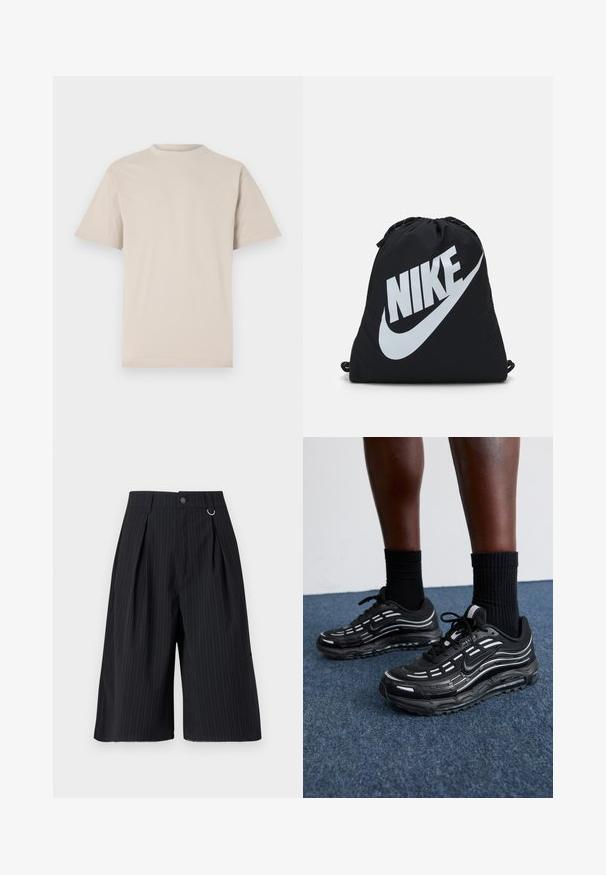 Beige t-skjorte med kort erme, rund hals, laget av glatt bomullsstoff, med en avslappet passform og uten synlige mønstre eller utsmykninger.; Sorte stripete shorts med folder, knappeåpning og metallringdetalj. Glatt stoff med skreddersydd passform og knelengde.; Sorte Nike-sko har en mesh-overdel med aksentstriper, teksturert snøring og en svart gummisåle. Brukt med svarte ribbede sokker.; Svart snorlomme med en stor hvit Nike-logo. Laget av lettvektsstoff med en glatt tekstur og avrundet form.