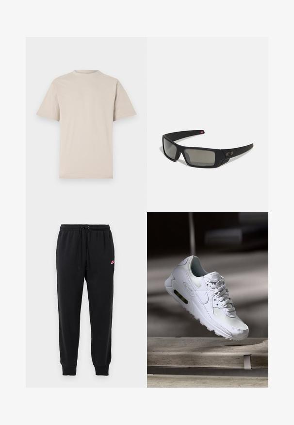 Beige kortærmet t-shirt med rund hals, lavet af glat bomuldsstof, med en afslappet pasform og uden synlige mønstre eller udsmykninger.; Sorte svedbukser lavet af blødt stof med elastisk talje, justerbar snøre og et lille pink Nike-logo på venstre side.; Hvide Nike Air Max 90 sneakers med en overdel i mesh og læder, perforeret tåboks og en synlig luftenhed i hælen.; Sorte solbriller med mat finish, rektangulære linser, let kurve ved templerne, diskret logo detaljer og røgfarvede linser.