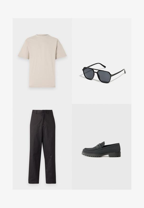 Smėlinis trumpomis rankovėmis marškinėliai, apvaliu kaklu, pagaminti iš lygaus medvilninio audinio, su laisvu kirpimu ir be matomų raštų ar puošmenų.; Juodos medvilnės mišinio kelnės, pasižyminčios tiesiomis kojomis, priekinėmis kišenėmis ir standartine juosmens juostele su diržo kilpomis.; Juodi loafers batai su lygiu, matinio paviršiaus, turintys apvalią nosį ir storą, tekstūruotą padai. Pabrėžti priekinės juostos akcentu.; Juodos akiniai nuo saulės su aštuonkampiu rėmeliu, tamsiais objektyvais, blizgiu paviršiumi, plonomis šakutėmis ir auksinėmis akcentais priekyje.