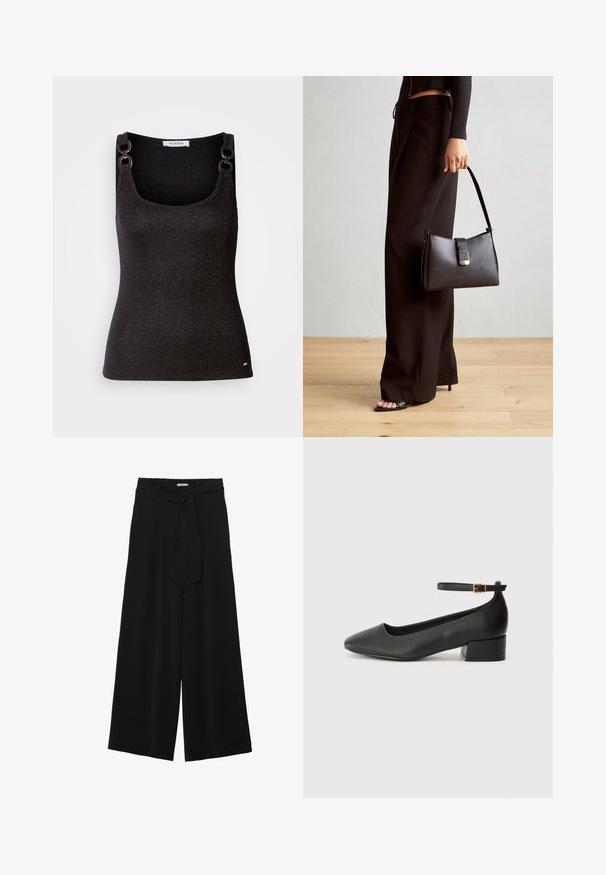 Zwart mouwloos topje met een ronde hals, voorzien van metallic flekken, decoratieve schouderhardware en een getailleerde pasvorm.; Zwarte wijde broek van textuurstof, met een elastische tailleband en een afneembare sjaalstrik in de taille voor een verstelbare pasvorm.; Zwarte leren pump met een spitse neus en een lage blokhak. Beschikt over een enkelband met een goudkleurige gespsluiting. Gladde textuur.; Zwarte handtas met gestructureerde vorm, gladde textuur en een metalen sluiting. Gecombineerd met brede zwarte broeken en sandalen met open teen op een houten vloer.