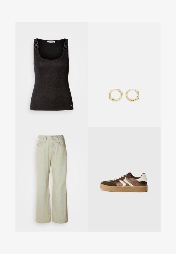 Black sleeveless top with a scoop neckline, featuring metallic flecks, decorative shoulder hardware, and a fitted silhouette.; Light blue wide-leg jeans made of denim, featuring a high waist, five pockets, and subtle fading with contrasting stitching accents.; Brown and cream sneakers with a combination of suede and satin materials, featuring three diagonal stripes and a textured gum sole.; Gold hoop earrings with a textured, irregular shape. Features a seamless closure and a polished surface finish, emphasizing a modern design.