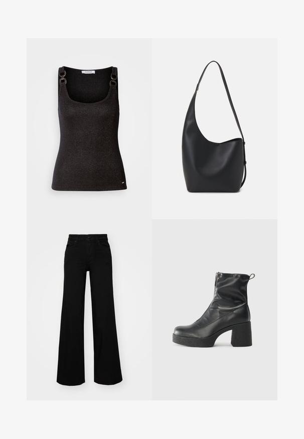Black sleeveless top with a scoop neckline, featuring metallic flecks, decorative shoulder hardware, and a fitted silhouette.; Black wide-leg pants made of denim, featuring a structured waistband, belt loops, and front pockets. Smooth texture with a classic design.; Black ankle boots made of smooth leather, featuring a side zipper, chunky textured heel, and rounded toe design.; Black leather hobo bag with a smooth texture, curved shape, and single adjustable strap; features a wide opening at the top.