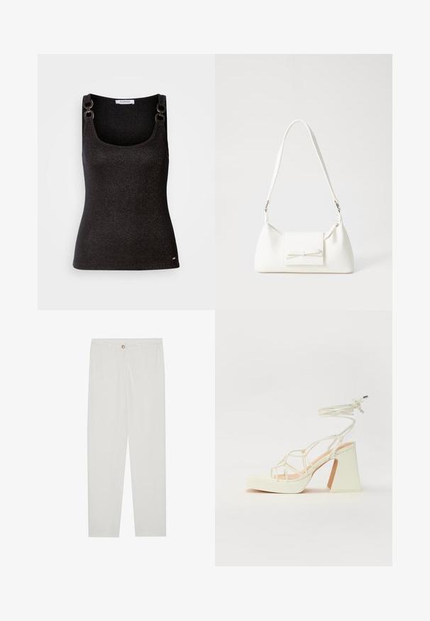 Sort ærmeløs top med en rund udskæring, der har metalliske glimmer, dekorativ skulderhardware og en tætsiddende silhuet.; Hvide, skrædderlavede bukser med lige ben design, udstyret med knaplukning, bæltesløjfer og sidelommer; glat stoftekstur.; Hvide højhælede sandaler med en kraftig hæl, der har et stropdesign og ankelbinding. Glat tekstur med en platform foran for ekstra højde.; Hvid syntetisk håndtaske med en trekantet form, flad forsideklap og sløjfedetalje, justerbar strop, glat tekstur og minimalistisk design.