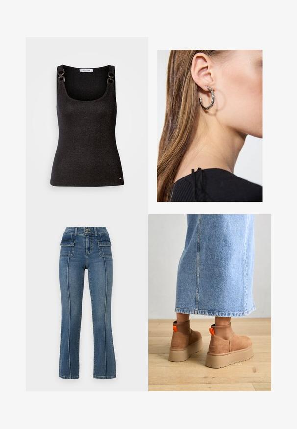 Czarny bezrękawnik z dekoltem w serek, z metalicznymi drobinkami, dekoracyjnym elementem na ramionach i dopasowanym krojem.; ONLY Petite ONLWAUW niebieski denim; Brązowe zamszowe buty na platformie z elastycznymi bokami i pomarańczowymi uchwytami, w połączeniu z jasnoniebieską spódnicą do kolan na drewnianej podłodze.; Srebrny kolczyk w kształcie koła z polerowanym wykończeniem, z małymi złotymi akcentami, noszony na płatku ucha.