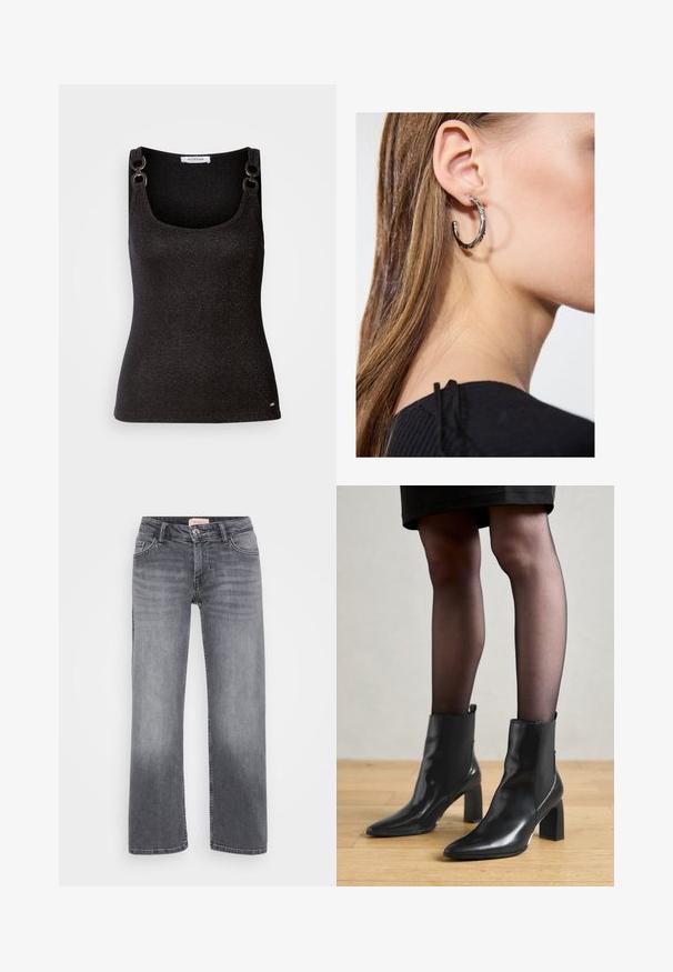 Top senza maniche nero con scollatura a barca, caratterizzato da glitter metallici, hardware decorativo sulle spalle e una silhouette aderente.; Jeans in denim grigio con design a gamba dritta, stile a cinque tasche, leggera sbiaditura e chiusura con bottone in vita.; Stivaletti neri in pelle con punta affusolata, tacco quadrato imponente e design elegante. Dotati di pannelli laterali elasticizzati per una facile vestibilità.; Orecchino a cerchio in argento con finitura lucida, caratterizzato da piccoli dettagli in oro e una forma tondeggiante, indossato sul lobo.