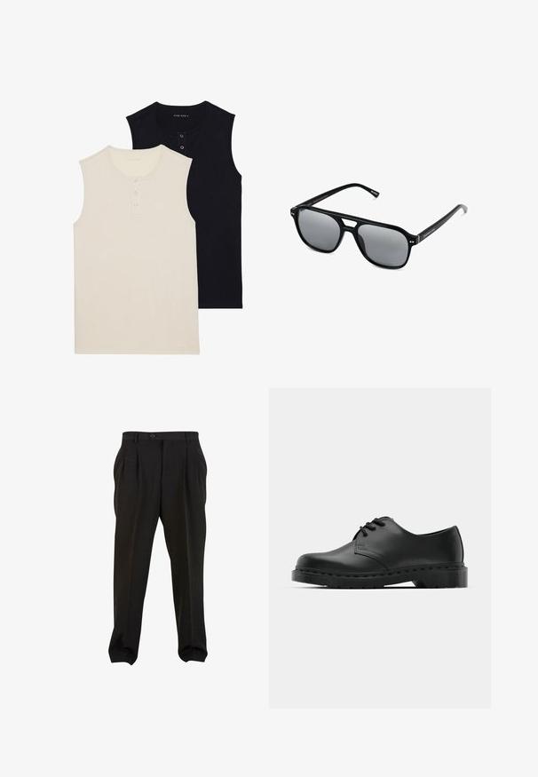 Dos camisetas de algodón sin mangas: una beige con una tapeta abotonada y una negra lisa. Ambas tienen un escote redondo y un diseño ajustado.; Pantalones negros de tejido suave, con pliegues frontales, cinturilla con botón y puños en los tobillos ajustados. Silueta clásica y ajustada.; Zapato oxford de cuero negro con diseño de cordones, punta redonda, suela de goma plana y un sutil detalle de costura en la parte superior.; Gafas de sol negras con montura rectangular, lentes ahumados grises y diseño con corte en el puente. Material plástico brillante y elegante, con varillas estrechas.