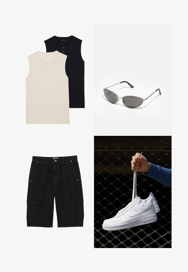 Divi bezarmu kokvilnas topi: viens bēšs ar pogātām atverēm, un otrs pilnībā melns. Abiem ir apaļa kakla izgriezuma forma un pieguļošs dizains.; Melni kravas šorti, izgatavoti no denima, ar divām sānu kabatām un divām flapa kravas kabatām uz kājām, ar pogu aizdari un jostu cilpām.; Baltas ādas sporta apavi ar perforācijām, apaļu purngali, plakanu zoli un biezām šņorēm, ar redzamu swoosh logo un vārdu "AIR" uz papēža.; Saulesbrilles ar elegantu sudraba metāla rāmi, pelēkās nokrāsas lēcām un aerodinamisku dizainu, kas izceļas ar izliektiem stūriem un plānām kājām.; Sudraba ķēdes aproce ar roku dzelžiem kā aizdari pa kreisi; pa labi ir dekoratīva ķēde ar akcentiem. Abām ir spīdīga apdare.