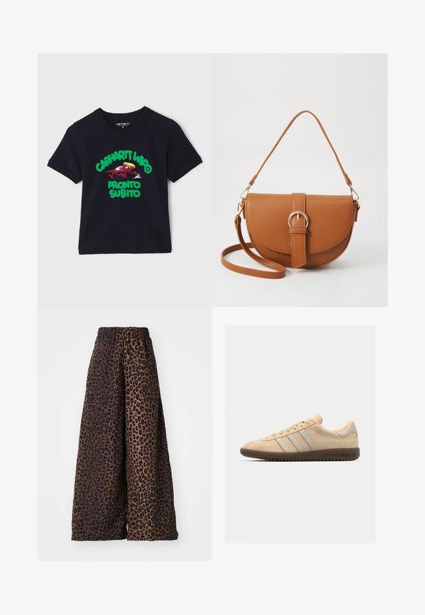 Sort t-skjorte i svart bomull med korte ermer, med et fargerikt grafisk bilde av en tegneseriefigur og teksten "CARHARTT WIP PRONTO SUBITO" i grønt og rødt.; Videbukser laget av glatt stoff, med en brun bakgrunn og svart leopardmønster, samt en elastisk midje.; Beige semsket sko med tre sølvstriper, flat brun gummisåle, avrundet tå og minimalistisk design.; Brun lærcrossbody-veske med en buet form, gullhardware og et spenneakcent. Har en avtakbar skulderreim.