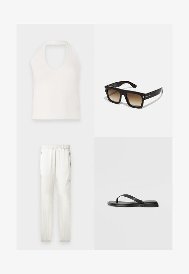 White sleeveless top with a high neck and deep V-shaped front, showcasing a smooth texture and a simple, fitted design.; Light cream joggers with elastic waistband, tapered cuffs, side pockets, and zippered accents. Smooth, slightly shiny fabric finish.; Black flip-flop made of smooth leather, featuring a thin strap design and a flat sole with a minimal profile. No notable patterns or accents.; Tortoiseshell sunglasses with a square frame, gradient brown lenses, and subtle gold hardware accents on the temples.; Brown suede tote bag with two soft handles, a vertical strap with a silver accent, and a wide, open top. Smooth texture, minimalist design.