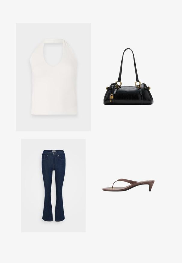 White sleeveless top with a high neck and deep V-shaped front, showcasing a smooth texture and a simple, fitted design.; Dark blue denim flared jeans with a classic five-pocket design, metal button closure, and stitching accents on the pockets.; Brown heeled flip-flop sandal with a slender strap and rounded toe post, featuring a small gold accent on the footbed.; Black leather handbag with a smooth texture, rounded shape, gold hardware accents, and dual handles. Features a decorative lock on the side.