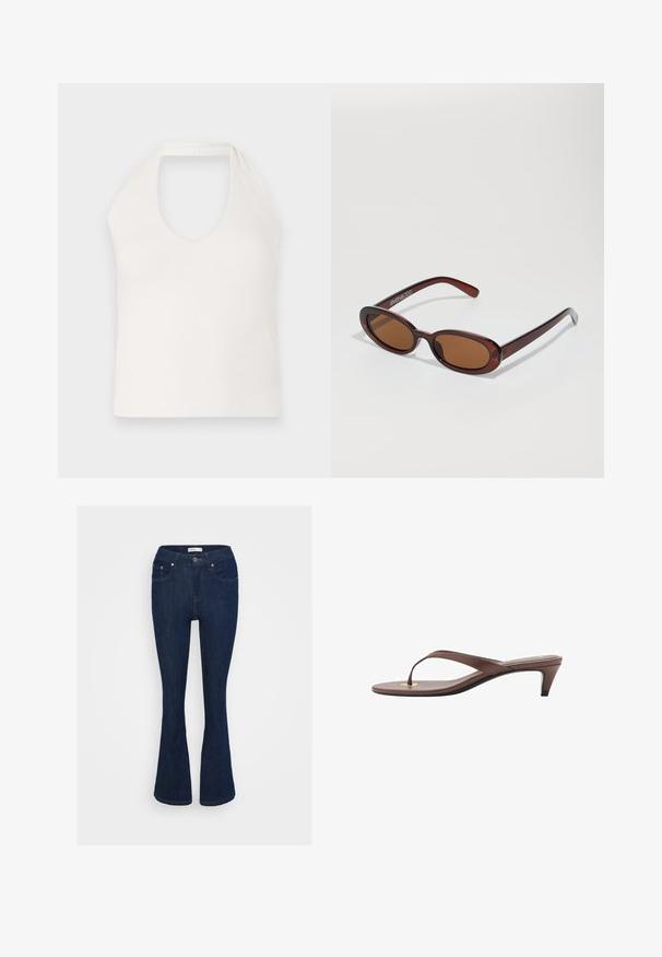 Haut sans manches blanc avec un col montant et un décolleté en V prononcé, mettant en valeur une texture lisse et un design simple et ajusté.; Jean flare en denim bleu foncé avec un design classique à cinq poches, fermeture à bouton métallique et accents de couture sur les poches.; Sandale à talons brune avec une fine lanière et un entre-doigts arrondi, arborant un petit accent doré sur le semelage.; Lunettes de soleil rondes teinte brun avec une monture bordeaux brillante. Branches fines avec un détail de marque subtil. Design de verres plats.