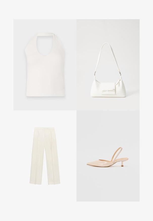 Top bianco senza maniche con collo alto e profonda scollatura a V, che mostra una texture liscia e un design semplice e aderente.; Pantaloni a gamba larga di un leggero colore crema. Realizzati in un tessuto morbido con pieghe sul davanti e tasche laterali.; Décolleté in vernice color beige con punta affusolata e tacco slim a forma quadrata. Texture liscia e design minimalista senza decorazioni.; Borsa sintetica bianca a forma triangolare, con patta anteriore piatta e dettaglio a fiocco, tracolla regolabile, texture liscia e design minimalista.