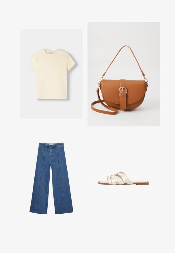 T-maica s kratkimi rokavi iz svetlo rumene bombažne tkanine. Klasičen kroj, sproščen fit, gladka tekstura, s preprostim dizajnom brez vidnih logotipov ali vzorcev.; Jeans širokih nogavic v srednji modri barvi, z visokim pasom, gumbom in kontrastnimi navpičnimi šivi spredaj.; Ravne sandale s svetlo rjavim gumijastim podplatom, zasnovane s tremi prekrivajočimi se belimi usnjenimi trakovi in majhnim lokom na sredini.; Rjava usnjena torbica prek telesa s ukrivljeno obliko, zlate opreme in sponko. Ima odstranljiv naramni trak.