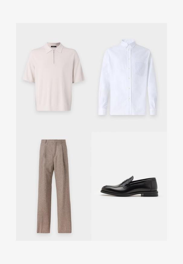Světle béžová polo tričko s krátkým rukávem a zipovým výstřihem, vyrobené z měkké pleteniny. Disponuje klasickým límečkem.; Bílá dlouhá košile s knoflíky vyrobená z bavlny, která má náprsní kapsu s tónovanou výšivkou, límec a knoflíkové manžety.; Hnědé kalhoty s vysokým pasem vyrobené z texturované látky. Mají široké nohavice a dva přední sklady pro strukturu. Úhledné provedení bez viditelné kovových částí.; Černé kožené polobotky s hladkou texturou, zaoblenou špičkou a zdobným páskem přes nárt. Nízký stohovaný podpatek, minimalistický design.