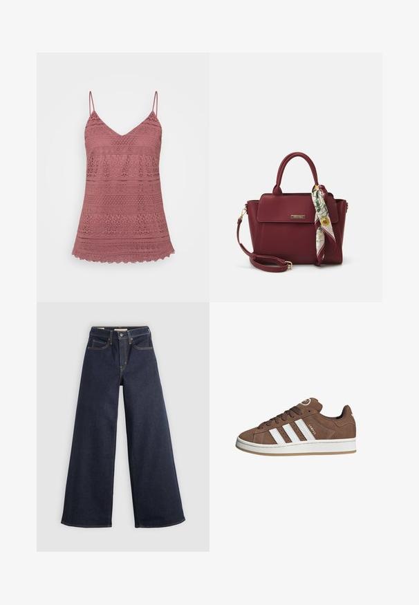Różowa koronkowa koszulka na ramiączkach z regulowanymi spaghetti, z dekoltem w kształcie litery V i falbaniastym u dołu. Składa się z misternych wzorów na całej tkaninie.; Biała koszula z długim rękawem, zapinana na guziki, z zaostrzonym kołnierzykiem i marszczonymi mankietami, wyeksponowana na jasnym białym tle.; Szerokie jeansy z denimu w ciemnoniebieskim kolorze z kontrastowymi przeszyciami. Charakteryzują się tradycyjnym pięciopocketowym fasonem oraz zapięciem na guzik w pasie.; Brązowe zamszowe sneakersy z białymi skórzanymi paskami, gumową podeszwą, zaokrąglonym noskiem i sznurowanym przodem. Posiadają logo na języku i perforowane akcenty.; Burgundowa torebka wykonana z materiału syntetycznego, o strukturalnym designie, z odpinanym paskiem i chustą w kwiatowy wzór związaną na uchwycie.