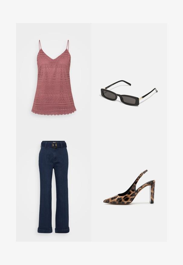 Pink lace camisole with adjustable spaghetti straps, featuring a v-neckline and scalloped hem. Intricate patterns throughout the fabric.; Dark blue denim trousers with a wide leg design, featuring a belt with a large metallic buckle and visible stitching accents.; Leopard print slingback pump with a pointed toe and transparent block heel. Made of glossy material with a smooth texture.; Black rectangular sunglasses with dark lenses, glossy plastic frames, and gold accents on the temples. Minimalist design and sleek shape.; Yellow woven clutch wallet with a flap design, a detachable wrist strap, and a gold chain accent. Smooth texture and rectangular shape.; Gold hoop earrings with a smooth, shiny finish. Circular design featuring a small post and clear backing for secure wear.