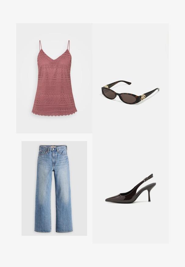 Růžový krajkový top na ramínka s nastavitelnými tenkými popruhy, s výstřihem do V a vlnitým lemem. Složitě vzorované po celé tkanině.; Světle modré džínové široké nohavice s vysokým pasem, vybledlými oblastmi, pěti kapsami a kontrastním prošitím. Klasické zapínání na knoflík a zip.; Slingback lodičky na vysokém podpatku z lesklé tmavě hnědé lakované kůže, s špičatou špičkou, otevřenými stranami a nastavitelným páskem kolem kotníku.; Brýle sluneční s kočičím vzorem, prodloužené oválné čočky, hnědý odstín, zlaté logo na spáncích a elegantní černé nožičky.; Náušnice ve tvaru zlatočerného víru s průhledným záznamem, obsahující texturované zlaté akcenty a malé průhledné drahokamy zabudované v designu.