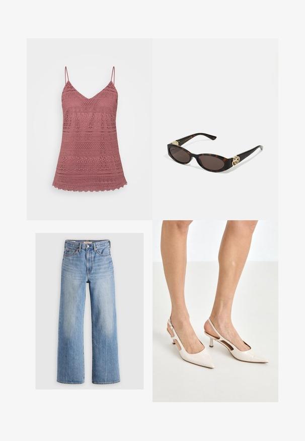 Cămașă din dantelă roz cu bretele ajustabile, având un decolteu în V și o tivure scallopată. Model complex pe întreaga țesătură.; Blugi largi din denim de un albastru deschis, cu talie înaltă, zone decolorate, cinci buzunare și cusături contrastante. Închidere clasică cu nasture și fermoar.; Cizme slingback din piele vopsită bej, cu vârf ascuțit și toc de 5 cm, având laterale decupate și o curea subțire la gleznă.; Ochelari de soare din țiglă cu lentile ovale alungite, nuanță maro, accente cu logo auriu pe brațele laterale și brațe negre elegante.; Geantă de mână din piele crem, curbată, cu un singur mânere, accesorii din aur și o siglă subtilă în partea de jos. Închidere cu fermoar pe marginea superioară.