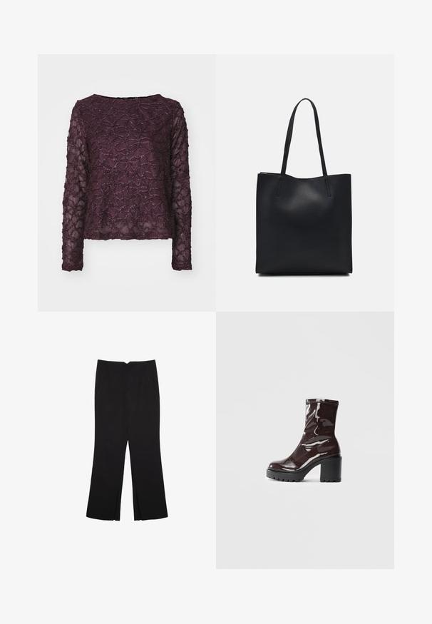 Tunika dugih rukava prozirne tkanine u tamnoljubičastoj boji, s teksturiranim uzorkom i sjajnim detaljima. Ravni rub i široki izrez.; Crne hlače ravnog kroja, s prednjim džepovima i bočnim prorezima na rubu. Izrađene od mekog i glatkog materijala. Pogodne za razne prigode.; Sjajna burgundska čizma do gležnja s debelim crnim potplatom, koja se odlikuje glatkom teksturom i jednostavnim dizajnom. Nema vidljivih kopčanja ili uzoraka.; Crna kožna torba za nošenje s glatkom teksturom, pravokutnim oblikom i dvije duge ručke. Nema vidljivih metalnih dijelova ili ukrasa.