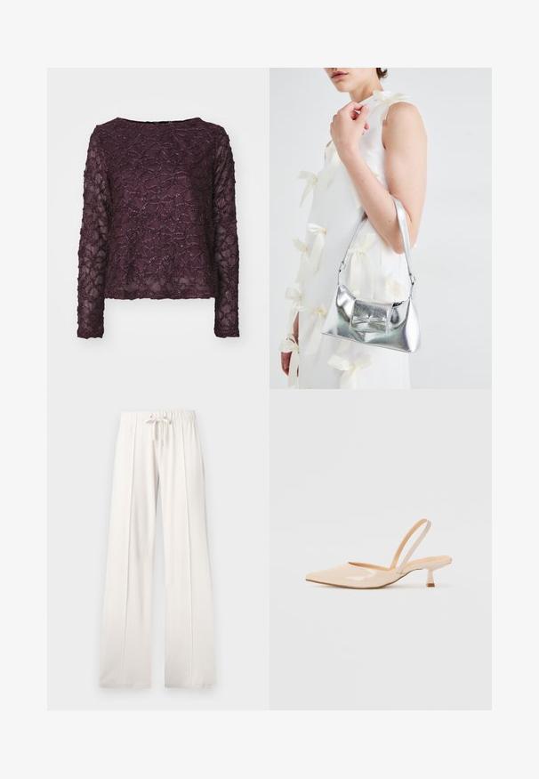 Blusa de manga larga transparente en púrpura profundo, con un patrón texturizado y acentos brillantes. Dobladillo recto y escote amplio.; Pantalones de chándal de color beige claro, confeccionados en tejido suave, que cuentan con una cintura con cordón, piernas anchas y costuras verticales, con una textura lisa.; Tacones slingback de charol beige con punta afilada y un tacón cuadrado delgado. Textura suave y diseño minimalista sin adornos.; Bolso de mano metálico plateado con forma estructurada, que presenta un asa superior y un detalle de lazo en el frente. Textura suave y acabado reflectante.