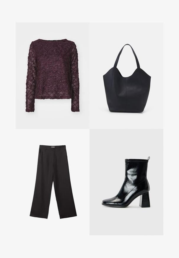 Halenka s dlouhým rukávem v tmavě fialové barvě, zdobená texturovaným vzorem s třpytivými akcenty. Rovný lem a široký výstřih.; Černé široké kalhoty vyrobené z hladké tkaniny, s předním zipem a dvěma bočními kapsami, s dobře padnoucím střihem a minimalistickým designem.; Černé lakované kotníkové boty se čtveratou špičkou a masivním geometrickým podpatkem. Disponují hladkým, lesklým vzhledem a zadním poutkem pro snadné obutí.; Černá taška přes rameno vyrobená z hladké kůže, s zakřiveným, otevřeným vrchem a dvěma ramenními popruhy, s minimalistickým designem.