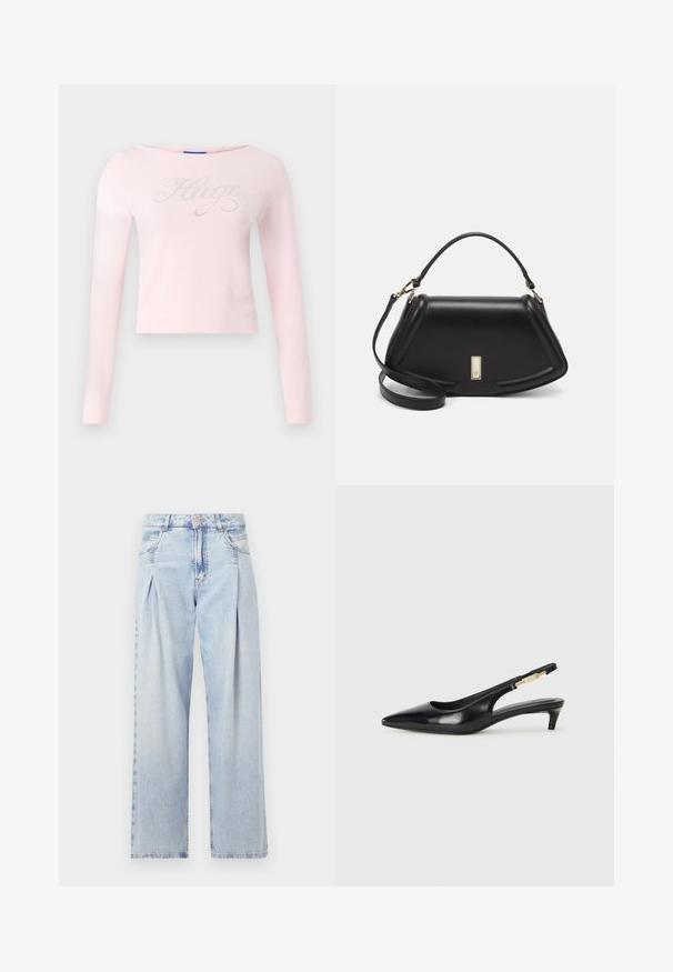 Hosszú ujjú, rózsaszín pamut felső, kerek nyakkivágással és fémes "Hugo" szöveges dizájnnal, amelyen finom csillogások találhatók az elején.; Világoskék farmernadrág magas derekú, bő szabású, két oldalsó zsebbel és pliszírozott dizájnnal. Puha tapintású, elhalványított felület.; Fekete bőr slingback magassarkúk, hegyes orral, vékony sarkakkal és arany színű részlettel a állítható pánton. Simа felület.; Fekete bőr kézitáska, strukturált dizájnnal, rövidített formával, felső fogantyúval és arany színű kiegészítőkkel. Állítható vállpánt is tartozik hozzá.