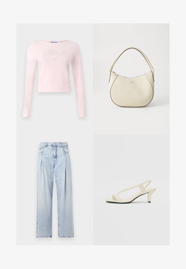 Langermet, rosa bomullstopp med rund halslinning og metallisk "Hugo" tekstdesign med subtile glitter over fronten.; Lyseblå denimjeans med høy livlinje, vide ben, to sidelommer og plisserte detaljer. Myk tekstur med en falmet finish.; Beige blokk-høydesandaler med tynne stropper og firkantet tå. Glatt materiale med minimale detaljer, designet for enkel bruk.; Kremfarget håndveske med teksturert overflate, buet form, kort håndtak og gullfarget logo. Glidelås lukking på toppen.