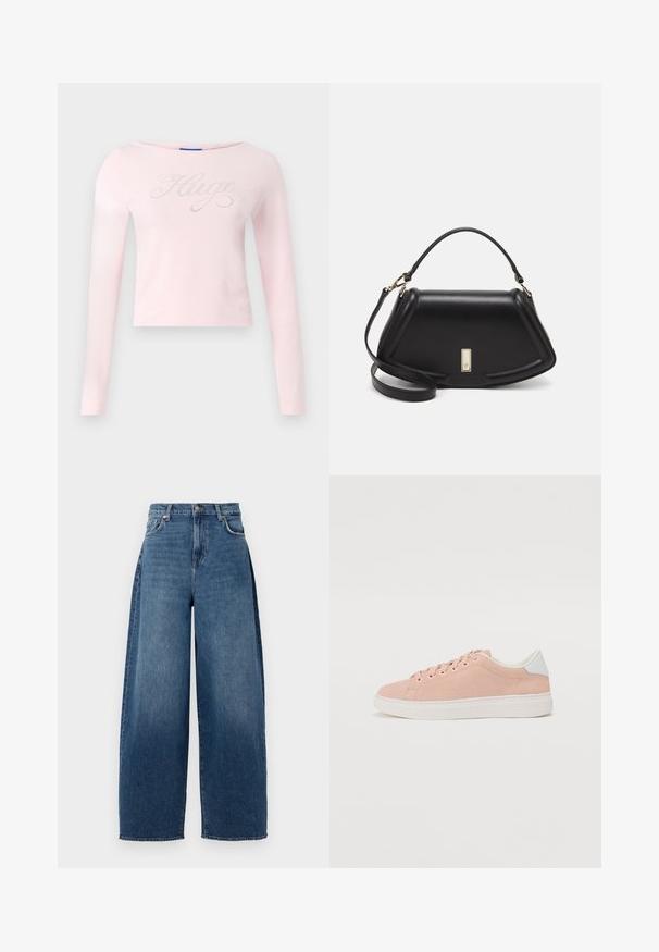 Pitkähiha, vaaleanpunainen puuvillapaita, jossa on pyöreä kaula-aukko ja metallinen "Hugo" -teksti suunnittelulla, jossa on hienovaraisia kimalteita edessä.; Laineet farkut, jotka on valmistettu tummansinisestä denimestä. Ominaisuuksiin kuuluu korkea vyötärö, viisi taskua ja yläpainan sulkeminen. Hieman haalistunut rakenne kauttaaltaan.; Vaaleanpunaiset mokkasiinikenkiä valkoisella kumipohjalla, pyöreällä kärjellä ja valkoisella kantapääkoristeella. Mukana litteät nauhat ja minimaalinen brändäys sivussa.; Mustalla nahkalaukulla, jossa on jämäkkä muotoilu, lyhyt malli, yläkahva ja kultaiset yksityiskohdat. Säädettävä olkahihna sisältyy.