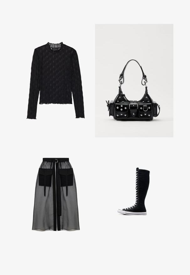 Zwarte top met lange mouwen van een doorschijnende ribbel-textuur, met een gerimpelde hoge hals en een cropped zoom.; Zwarte doorschijnende rok met een verzameld tailleband, voorzien van twee grote voorzakken, een tailleband met strik en een ronde metalen accent.; Zwarte hoge sneakers met een hoge ontwerp, gemaakt van canvas. Beschikken over witte veters, stiksels en een rubberen zool met een neuskap.; Zwarte lederen handtas met een gebogen ontwerp, voorzien van zilveren studs, een gesp en twee zijvakken. Verstelbare schouderband voor verschillende draagmogelijkheden.
